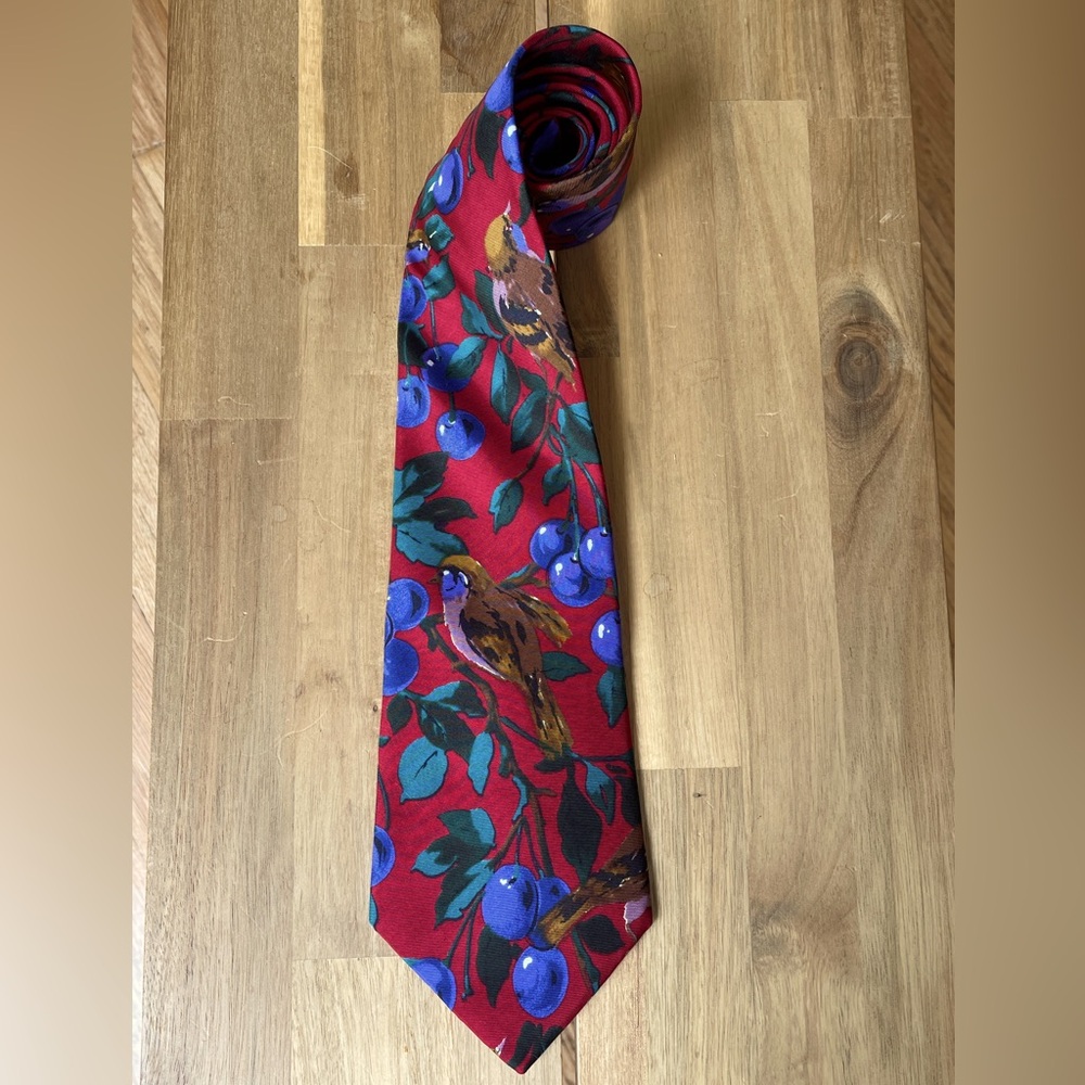 100% Silk Tie Vintage Don Loper Beverly Hills Floral Flower Bird